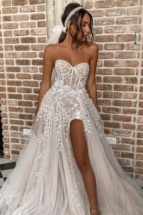 Elegant Strapless High Split Beach Wedding Dress, Sparkly Sequins Tulle Wedding Gown