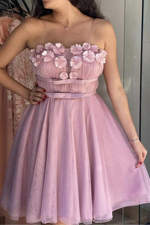 strapless tulle homecoming dresses with handmade flowers dth46