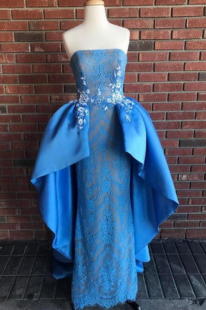 Strapless Lace Blue Mermaid Prom Dress with Detachable Train