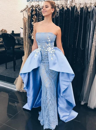 strapless lace blue mermaid prom dress with detachable train dtp646