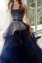 Strapless Navy Blue Starry Night Asymmetry Prom Dresses With Beading