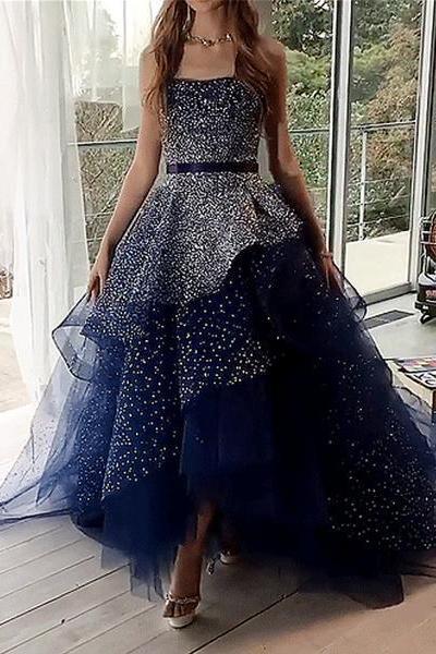 Strapless Navy Blue Starry Night Asymmetry Prom Dresses With Beading DTP617 DressTok.co.uk Strapless Navy Blue Starry Night Asymmetry Prom Dresses With Beading DTP617 DressTok.co.uk