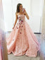 Strapless Pink Lace Long Prom Dresses Ball Gown with Floral Appliques
