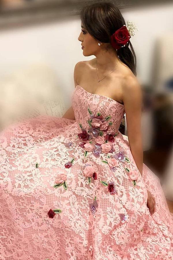 Strapless Pink Lace Long Prom Dresses Ball Gown with Floral Appliques