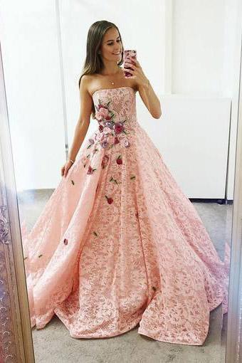 Strapless Pink Lace Long Prom Dresses Ball Gown with Floral Appliques
