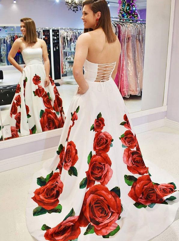 Floral Printed Strapless Prom Dress Long Formal Evening Gown
