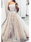Strapless Lace Appliques Tulle Long Prom Wedding Dress With Beading