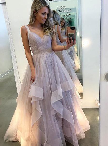 a-line long prom dresses lavender tiered tulle sleeveless evening gown dtp1191