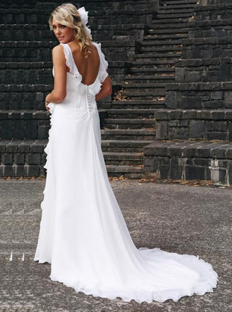 Straps Beach Chiffon Backless Wedding Dress With Ruffled Bridal Dress