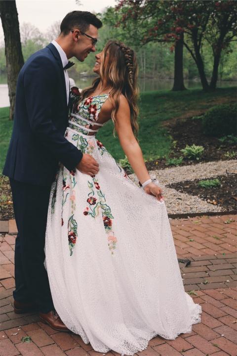 V-neck Backless Graduation Dress Lace Long Prom Dress with Embroidery  Appliques DTP357  DressTok.co.uk
