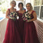 Straps Tulle Long Burgundy Bridesmaid Dresses With Lace Appliques