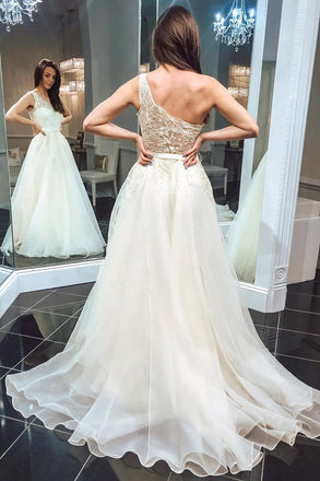 Stunning Beading Ivory Tulle One Shoulder Prom Formal Dress