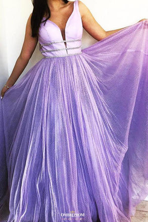 Stunning Lilac Prom Dress V-neck Beaded Tulle Long Formal Gown