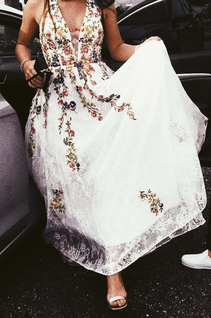 Stunning Long Floral Lace Prom Dress A Line V-neck Wedding Dress