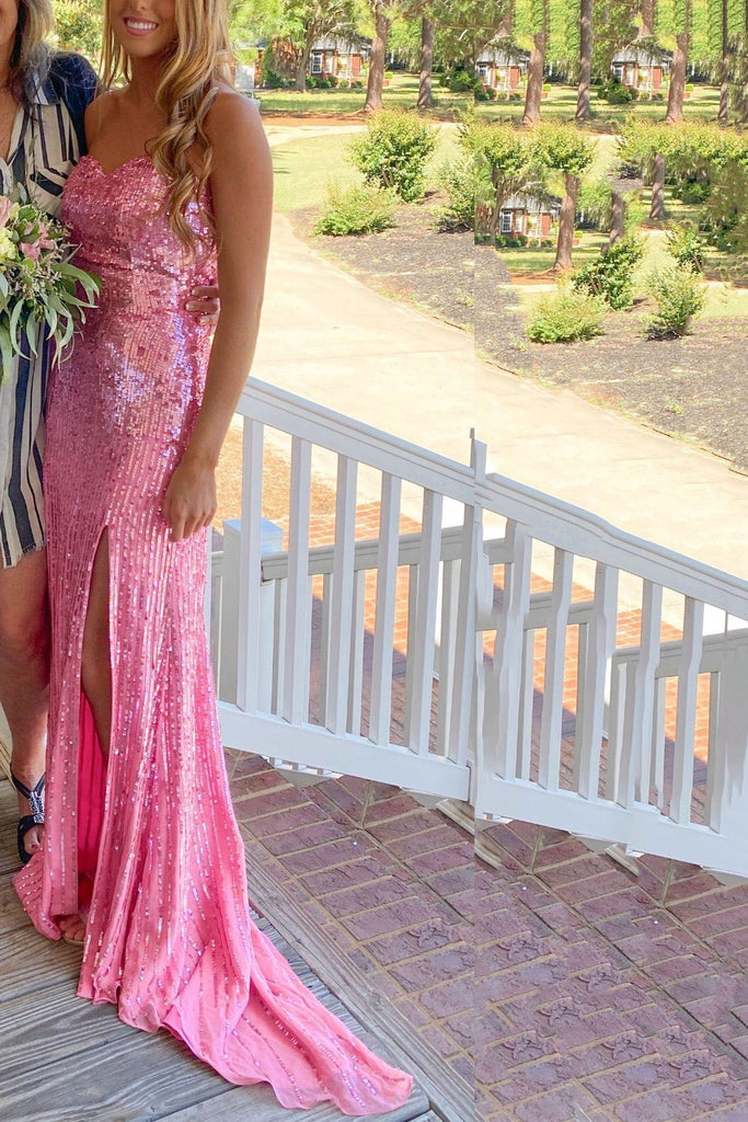 Sweetheart Pink Sequin Long Prom Dress, Slit Formal Party Gown