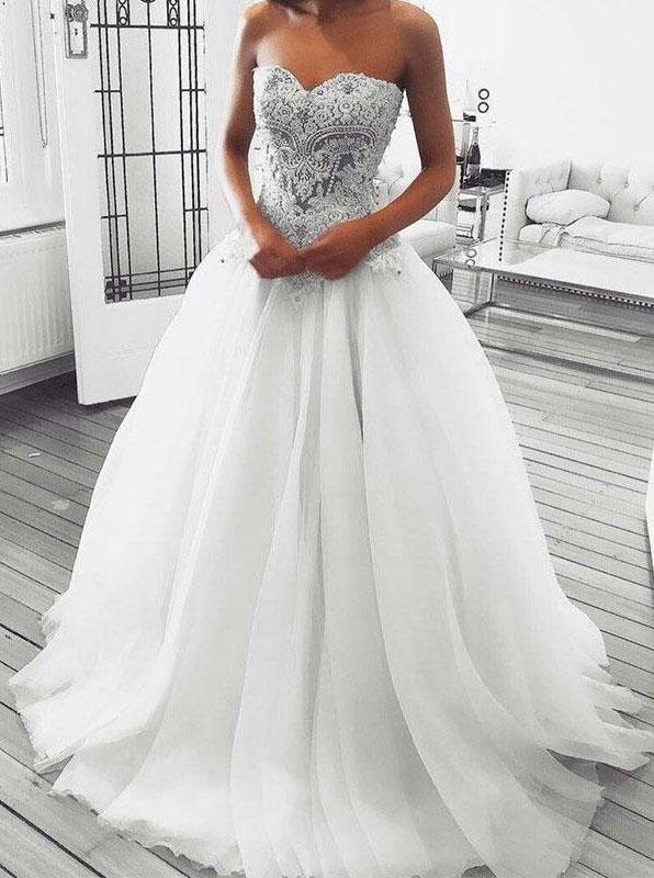 a-line sweetheart wedding dresses appliques beaded tulle bridal gown dtw85