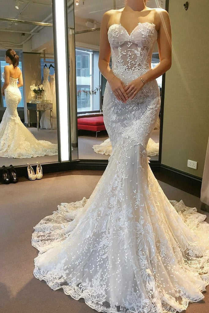 sweetheart see-through lace appliques mermaid wedding dress dtw108
