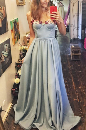 light blue evening dress sweetheart long prom dress with floral dtp64