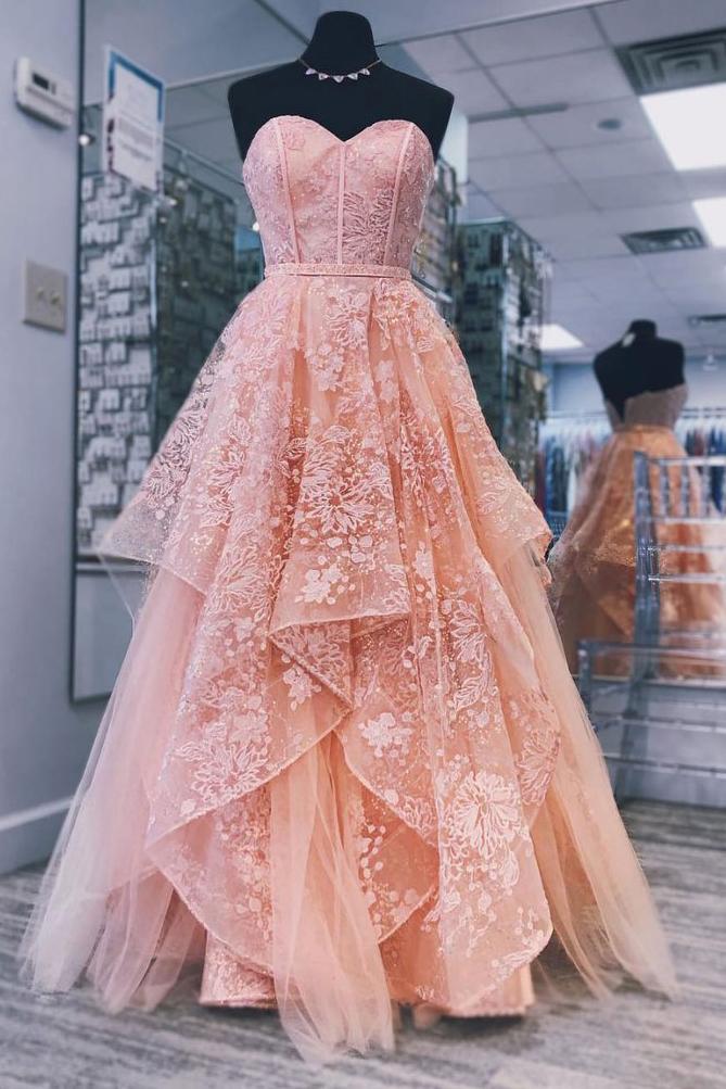 Charming Lace Tulle Peach Unique Pretty Formal Inexpensive Applique Lo –  Wish Gown