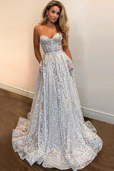 Sweetheart Sequins Long Prom Dress A-Line Lace Wedding Gown