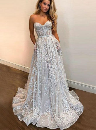 sweetheart sequins long prom dress a-line lace wedding gown dtw158
