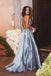 blue backless prom dress spaghetti straps beaded formal gown dtp193