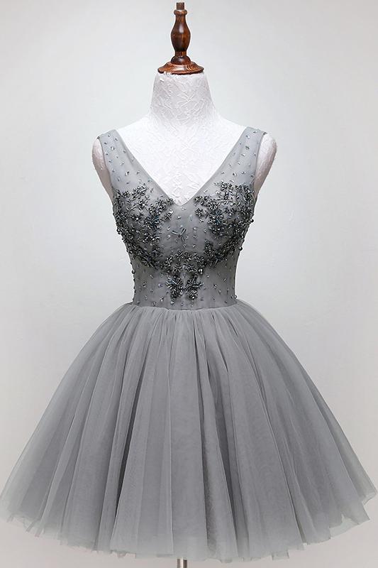 v-neck beading silver short prom homecoming dress tulle dance dress dth290