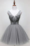 V-neck Beading Silver Short Prom Homecoming Dress Tulle Dance Dress