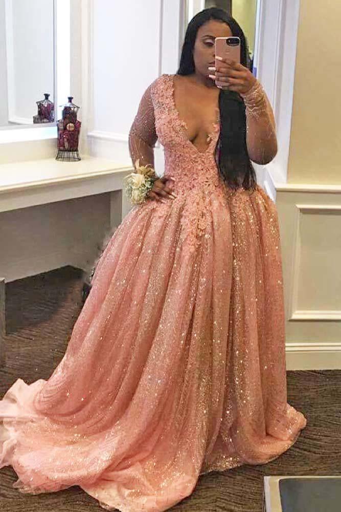 sparkly ball gown long sleeve plus size prom dress with appliques dtp128