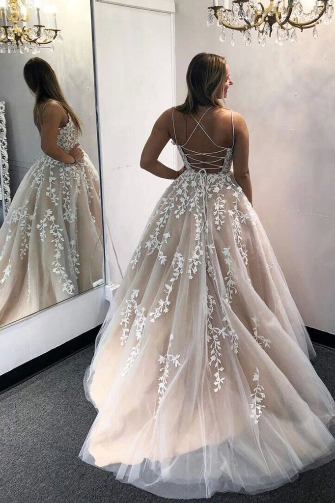 Trendy Champagne Tulle Lace Prom Dresses, Backless Long Formal Gown