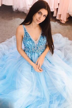 Trendy Blue Long Prom Dress V neck Tulle Beads Evening Dress