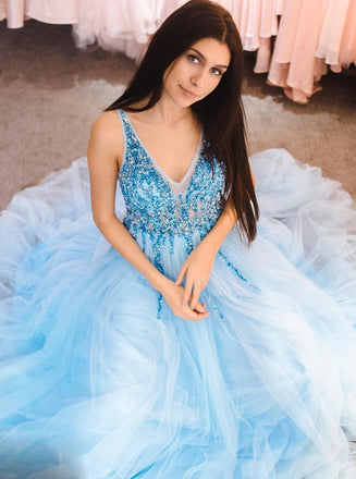 trendy blue long prom dress v neck tulle beads evening dress dtp477