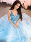 Trendy Blue Long Prom Dress V neck Tulle Beads Evening Dress