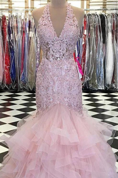 Trumpet V-Neck Lace Bodice Beaded Pink Prom Dress With Ruffles