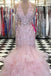 Trumpet V-Neck Lace Bodice Beaded Pink Prom Dress With Ruffles