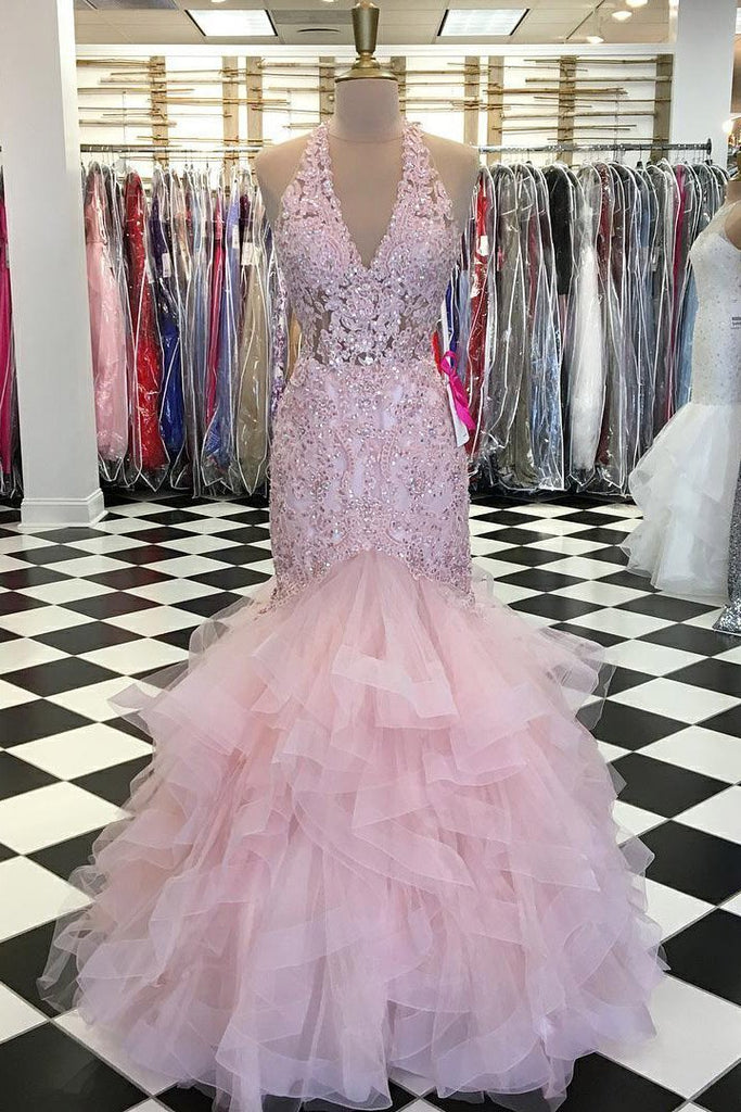 trumpet v-neck lace bodice beaded pink prom dress with ruffles dtp616