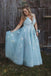Tulle Plus Size Prom Dress V-neck Appliqued Mint Blue Long Formal Dress