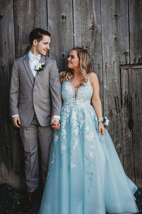 Tulle Plus Size Prom Dress V-neck Appliqued Mint Blue Long Formal Dress