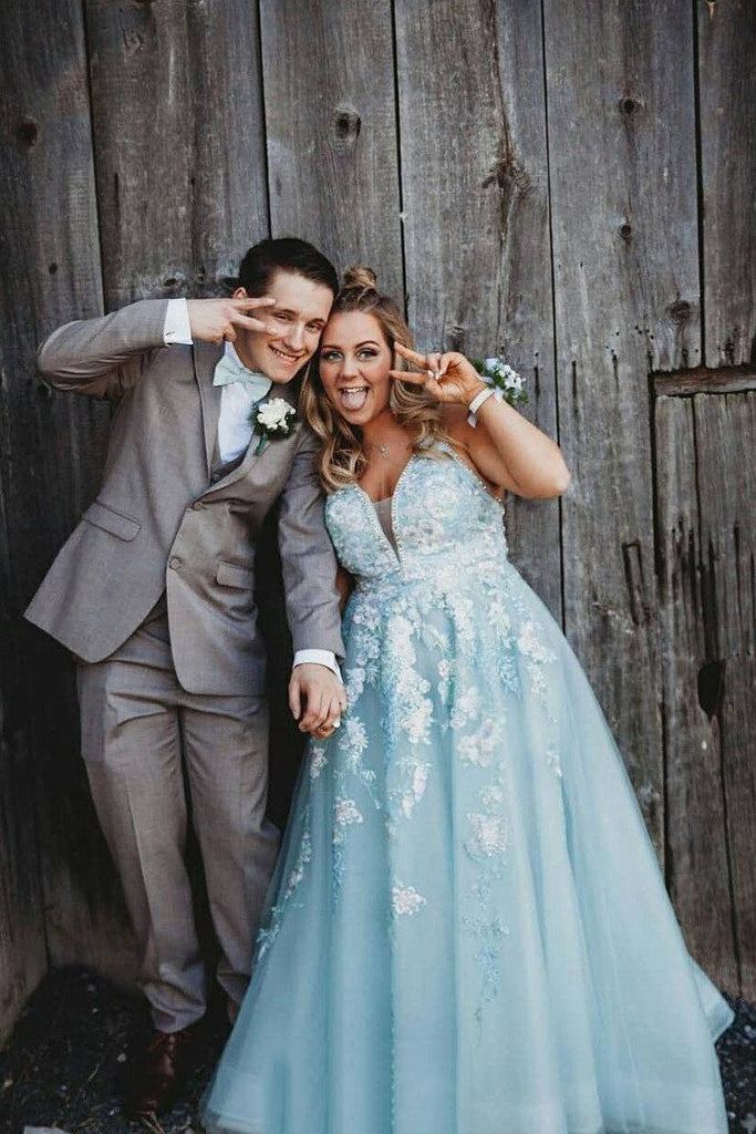 Tulle Plus Size Prom Dress V neck Appliqued Mint Blue Long Formal Dress DTP768 DressTok