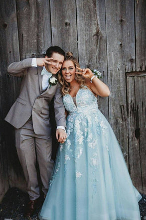 Tulle Plus Size Prom Dress V-neck Appliqued Mint Blue Long Formal Dress