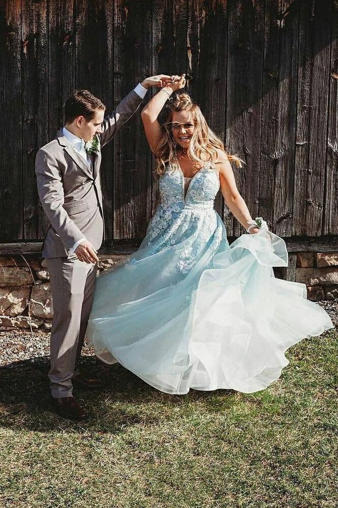 Tulle Plus Size Prom Dress V-neck Appliqued Mint Blue Long Formal Dress