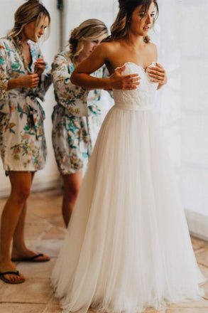 a-line sweetheart tulle floor length wedding dress with lace top dtw112