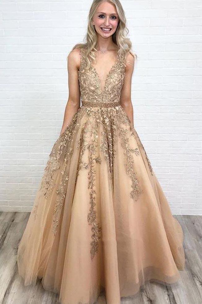 tulle lace applique long prom dress v-neck with beading dtp61