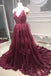 burgundy formal evening dress a-line v-neck tulle burgundy long prom dress dtp629