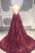 A-line V-neck Tulle Burgundy Long Prom Dress, Burgundy Formal Evening Dress