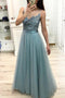 Sheer Neck Tulle Beading Long Prom Dress with Yarn Back
