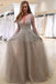 Tulle Long Sleeves Prom Dress A-Line V-Neck with Beading