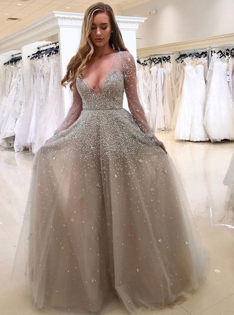tulle long sleeves prom dress a-line v-neck with beading dtp430