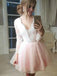 long sleeves lace appliques tulle plunge neck short prom dress dtp199
