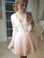 Long Sleeves Lace Appliques Tulle Plunge Neck Short Prom Dress